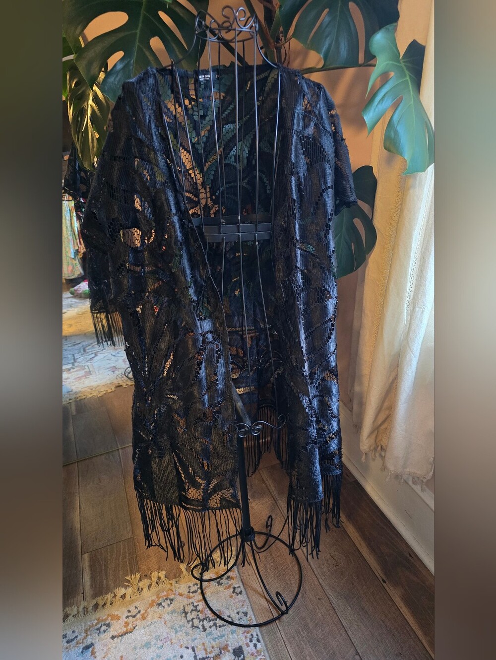 SHEIN Curve Black Sheer Floral Lace Fringe Kimono Cardigan Duster 2XL
